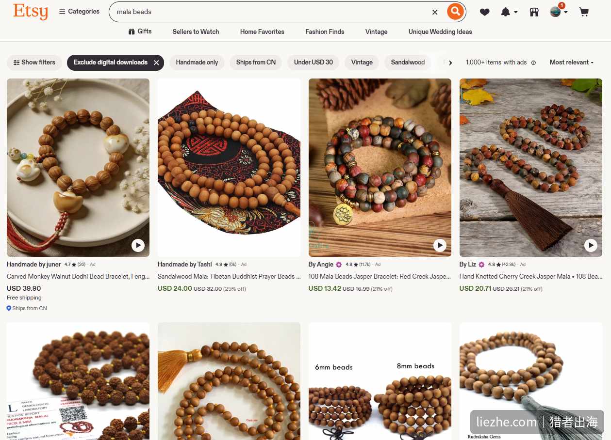 Etsy 搜索 mala beads 出现上千件商品，很多标注 Ships from CN 来自中国卖家