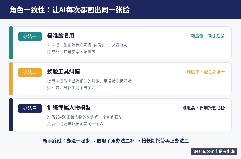 解决AI角色一致性的三种办法：基准脸复用、换脸纠偏和训练专属人物模型