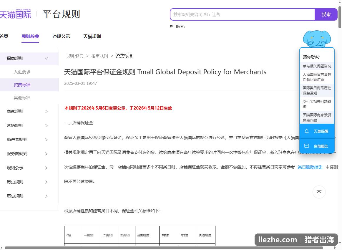 天猫国际平台保证金规则页面，按类目和店铺性质分档收取