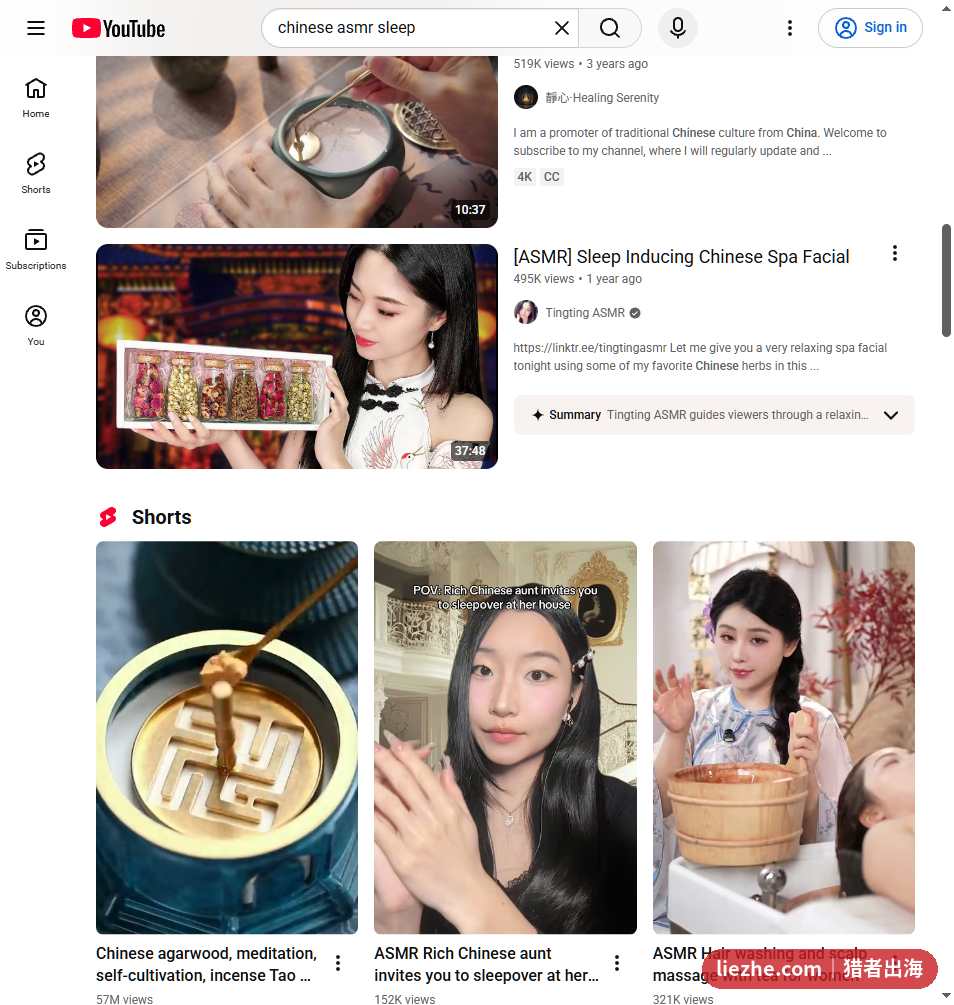 YouTube搜索chinese asmr sleep的结果页,多条视频播放量数十万