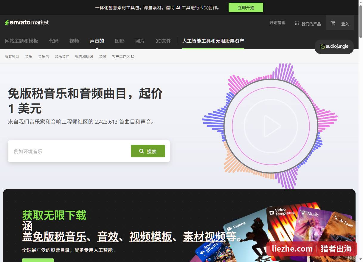 AudioJungle音乐素材平台首页,免版税音乐起价1美元