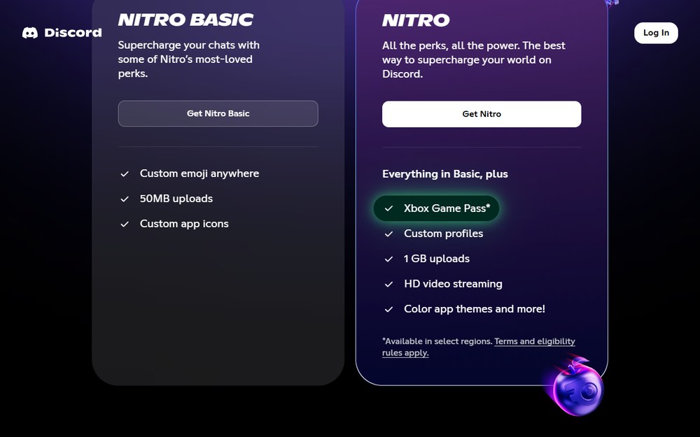 Discord官网Nitro页：Nitro Basic和Nitro两档的功能卡片