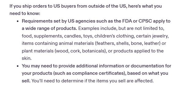 Etsy社区公告列出的受FDA、CPSC要求影响的商品：食品、补充剂、蜡烛、玩具、童装、部分首饰、含动物或植物材料的物品、涂抹在皮肤上的产品，并写明你需要自己判断卖的东西是否受影响