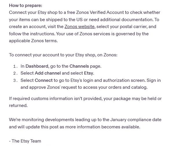 Etsy社区公告How to prepare一节：把Etsy店铺连到免费的Zonos Verified Account，Dashboard进Channels页，Add channel选Etsy，Connect后登录授权；公告写明缺信息包裹可能被扣留或退回，并会随情况更新