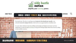 Side Hustle Nation副业网站首页和站长2025年进展报告截图，播客一项每月1万到2万美金