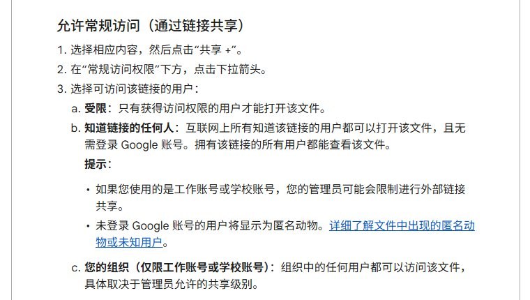 Google云端硬盘帮助页，常规访问权限下拉的受限、知道链接的任何人、您的组织三个选项的说明