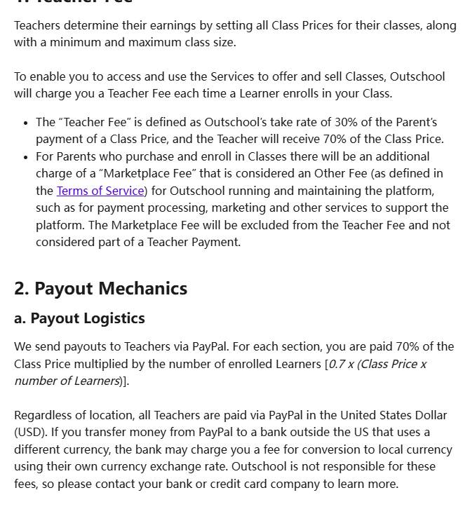 Outschool老师收入规则:平台抽30%,老师拿70%,一律PayPal美元结算