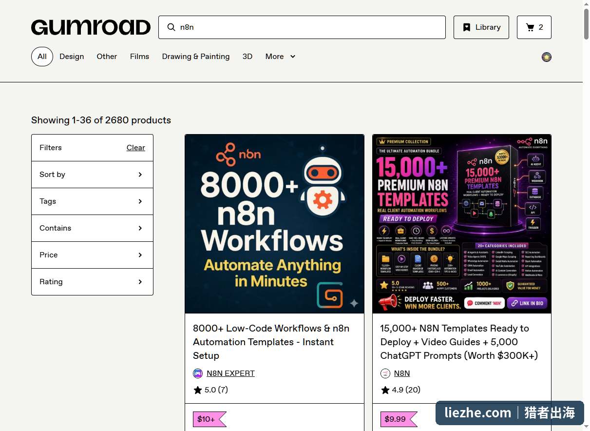 Gumroad搜索n8n显示2680个相关数字产品在售