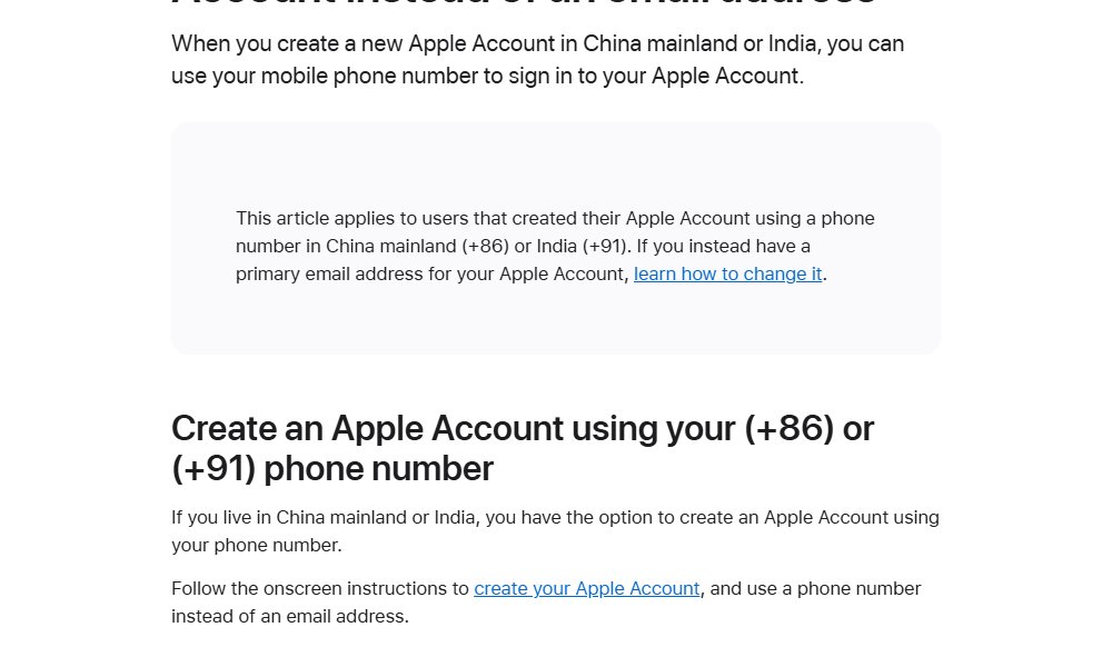 Apple官方帮助页:在中国大陆(+86)或印度(+91)创建Apple账号,可以用手机号代替邮箱,按屏幕提示用手机号而不是邮箱创建