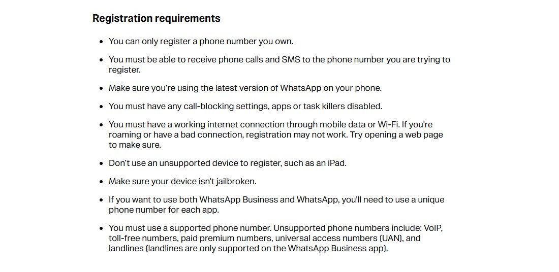 WhatsApp官方注册页的Registration requirements:只能注册自己拥有的号码、必须能收电话和短信、不支持VoIP免费号码付费增值号码和座机
