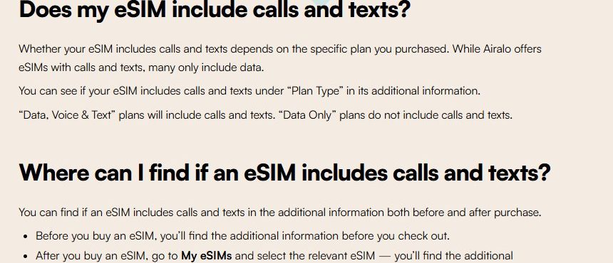 一家境外eSIM服务商帮助中心页面:Data, Voice & Text套餐含通话和短信,Data Only套餐不含通话和短信,买之前在结账前的additional information里看