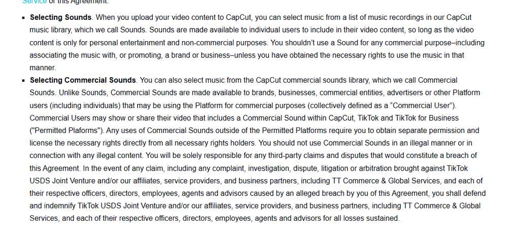 CapCut素材授权协议里Selecting Sounds和Selecting Commercial Sounds两段原文