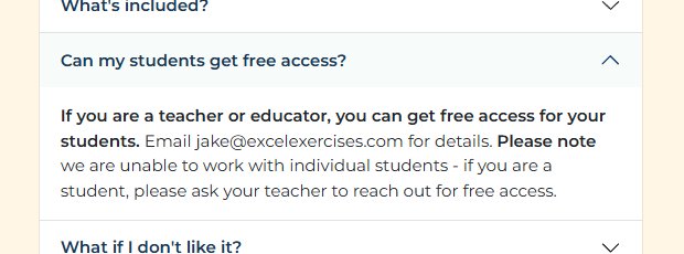 Excel Exercises官网FAQ:老师可以给学生申请免费权限,学生个人不行