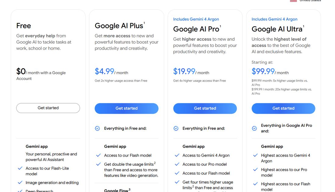 Gemini官方定价页:Free、Google AI Plus、Pro、Ultra四张价格卡