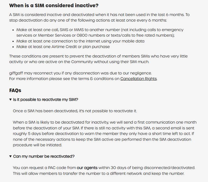 giffgaff帮助中心Understanding why your number has been deactivated页：6个月未使用即停用，三种保号动作，停用后不能恢复，30天内可向客服要PAC