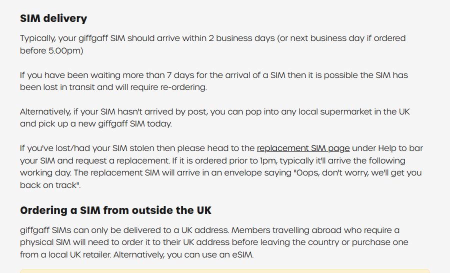 giffgaff帮助中心Ordering a SIM页：SIM通常2个工作日内送到，Ordering a SIM from outside the UK一节写明SIM只能送到英国地址，要出国用实体卡可以用eSIM