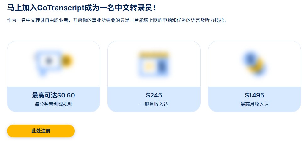 GoTranscript官网中文页：最高每分钟0.60美金、一般月收入245美金、最高月收入1495美金