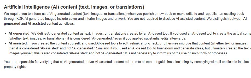 KDP内容指南AI内容一段:AI生成的文字、图片、翻译要申报,AI辅助的不用申报