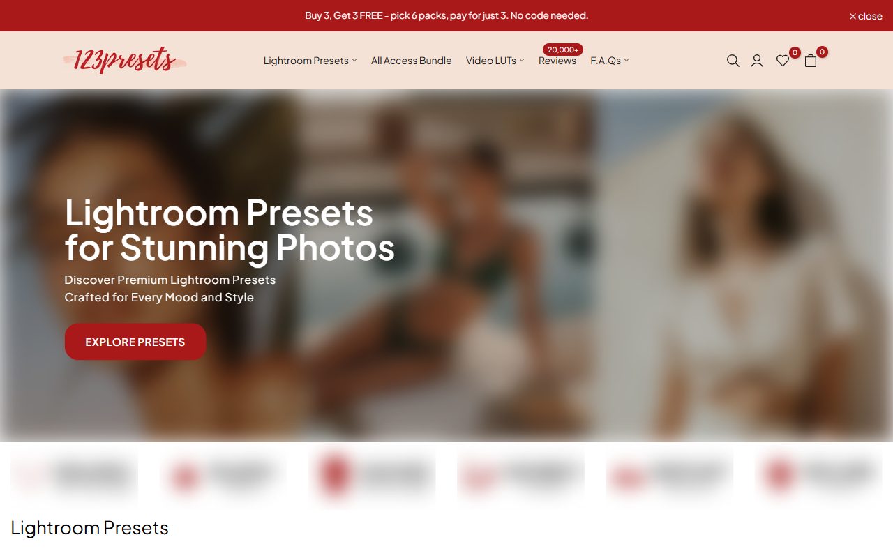 123Presets 官网首页展示的各类 Lightroom 预设产品