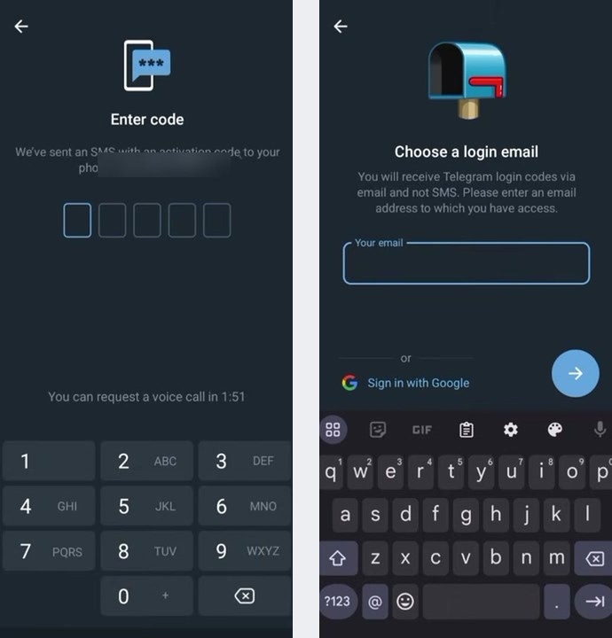 Telegram的Enter code验证码页和Choose a login email登录邮箱页:验证码页写着可以在倒计时后请求语音电话,邮箱页写着登录码会发到邮箱而不是短信