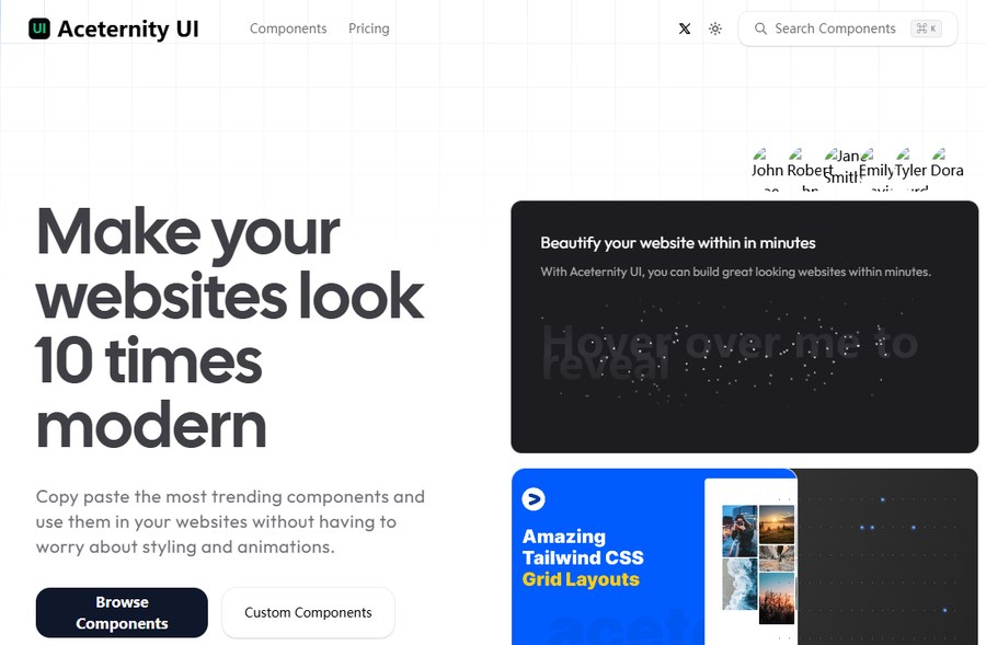 2023年12月20日网页存档里的Aceternity UI首页：标语Make your websites look 10 times modern，菜单只有Components和Pricing