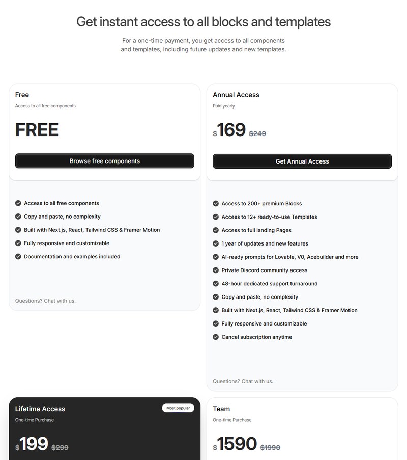 Aceternity UI定价页：Free免费、Annual Access年付169美金原价249、Lifetime Access买断199美金原价299、Team团队1590美金原价1990