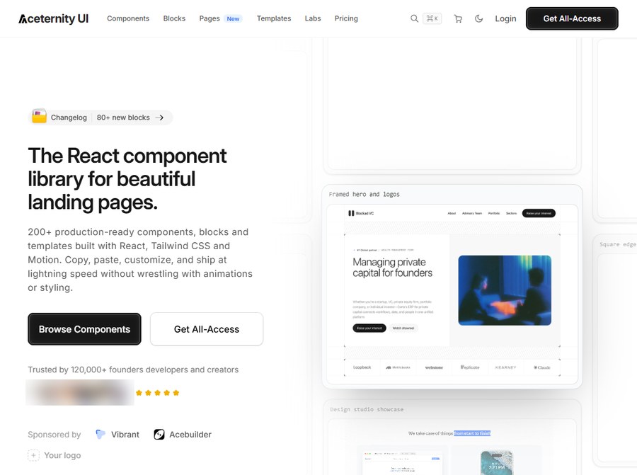 Aceternity UI首页首屏：The React component library for beautiful landing pages，200+组件区块和模板，Trusted by 120,000+