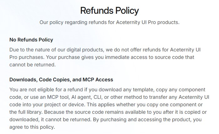 Aceternity UI退款政策：付费版不退款，下载模板、复制组件代码或用MCP工具导入代码都不能退，复制一个组件也算