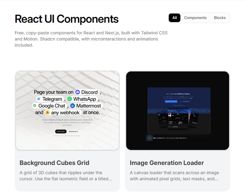 Aceternity UI组件目录页React UI Components：免费复制粘贴的React和Next.js组件，分Components和Blocks两栏