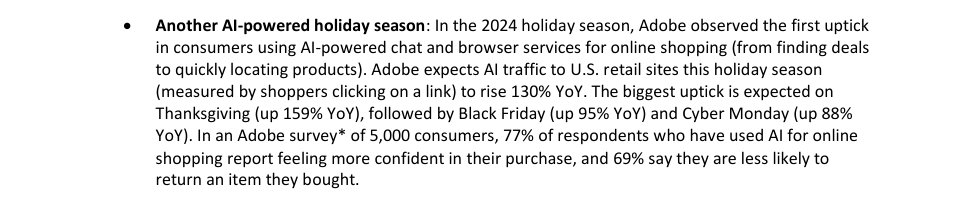 Adobe节日季预测新闻稿官方截图：预计美国零售网站AI流量同比涨130%，感恩节159%、黑五95%、网一88%，5000名消费者问卷77%和69%