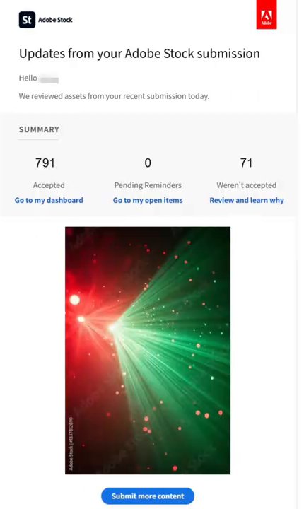 Adobe Stock审核结果邮件Updates from your Adobe Stock submission：Accepted 791，Weren't accepted 71