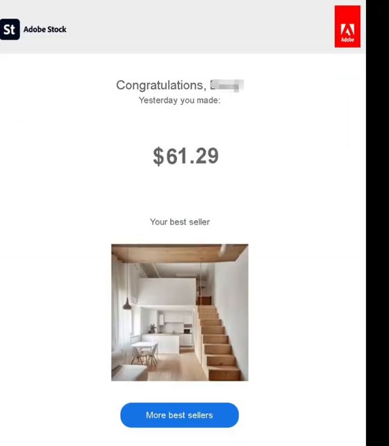Adobe Stock发给投稿人的单日收入邮件：Yesterday you made $61.29