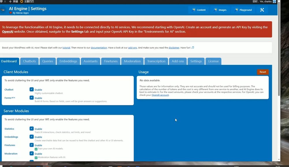 AI Engine后台Dashboard,顶部红条提示先填OpenAI的API Key,下面按模块勾选Chatbot、Forms、Statistics、Embeddings