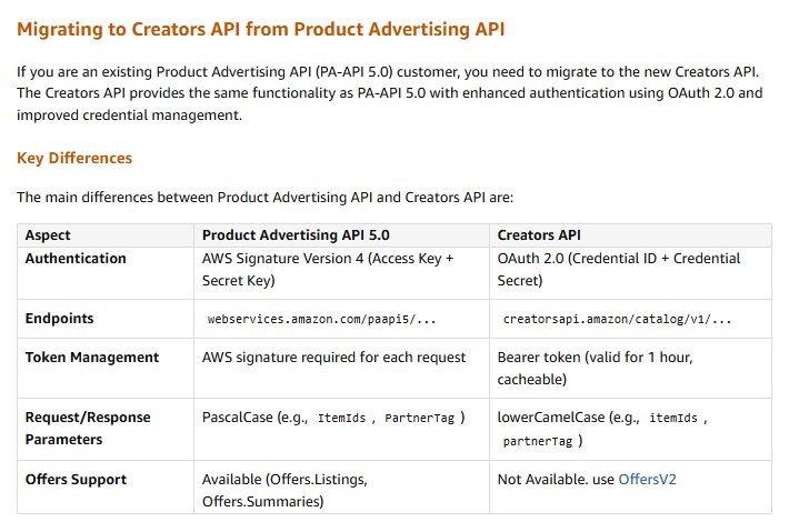亚马逊联盟官方迁移文档：PA-API 5.0用户迁移到Creators API，认证改为OAuth 2.0，端点换成creatorsapi.amazon