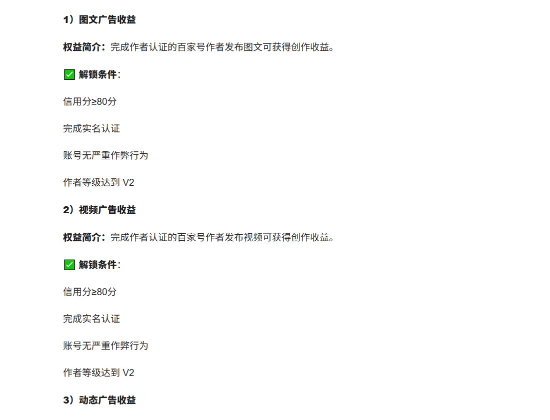 百家号图文广告收益和视频广告收益的解锁条件：信用分大于等于80分，完成实名认证，账号无严重作弊行为，作者等级达到V2