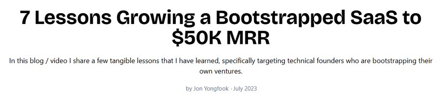 Jon Yongfook 2023年7月博文标题,月订阅收入5万美金