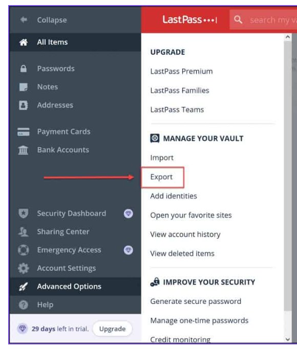 LastPass后台Advanced Options菜单，Manage Your Vault下的Export导出选项被红框标出
