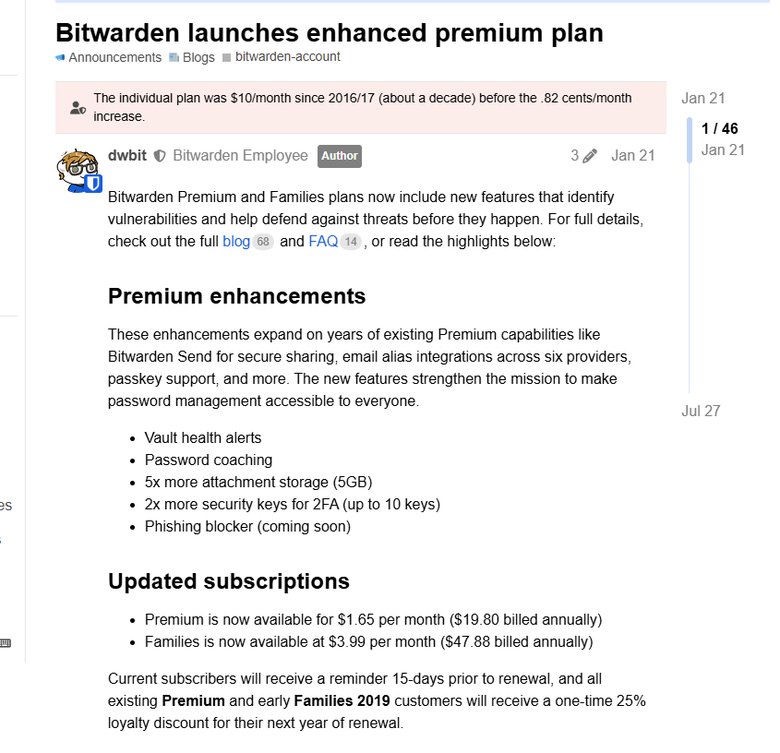 Bitwarden官方社区公告Bitwarden launches enhanced premium plan，列出新增功能和更新后的Premium与Families价格