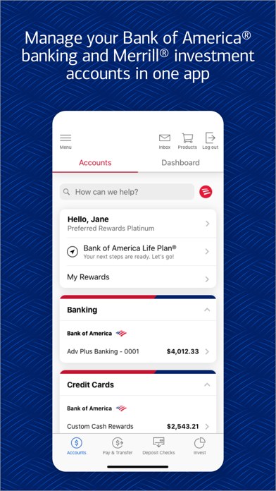 Bank of America手机银行官方展示图：账户总览页