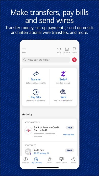 Bank of America手机银行官方展示图：转账、缴费和电汇入口