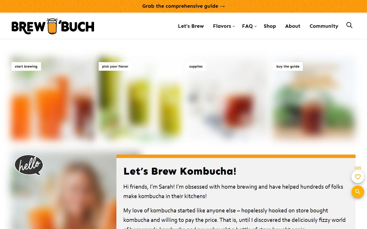 Brew Buch 首页,顶部导航有 Let's Brew、Flavors、FAQ、Shop,下方是站长 Sarah 的自我介绍