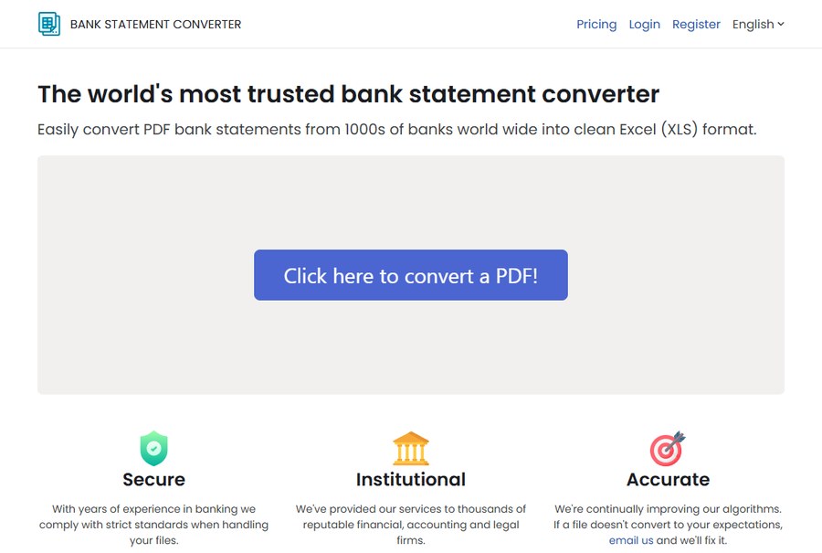 Bank Statement Converter官网首页只有一个上传PDF的按钮