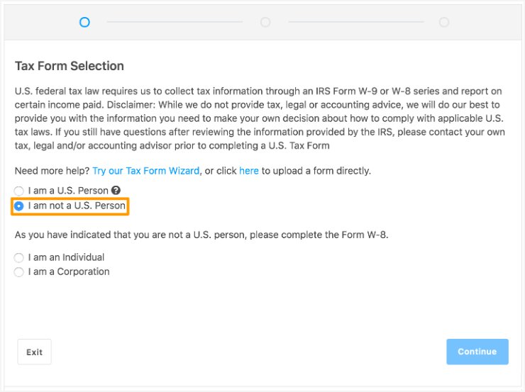 Bugcrowd的Tax Form Selection页:选了I am not a U.S. Person,页面提示please complete the Form W-8,下面再选I am an Individual或I am a Corporation