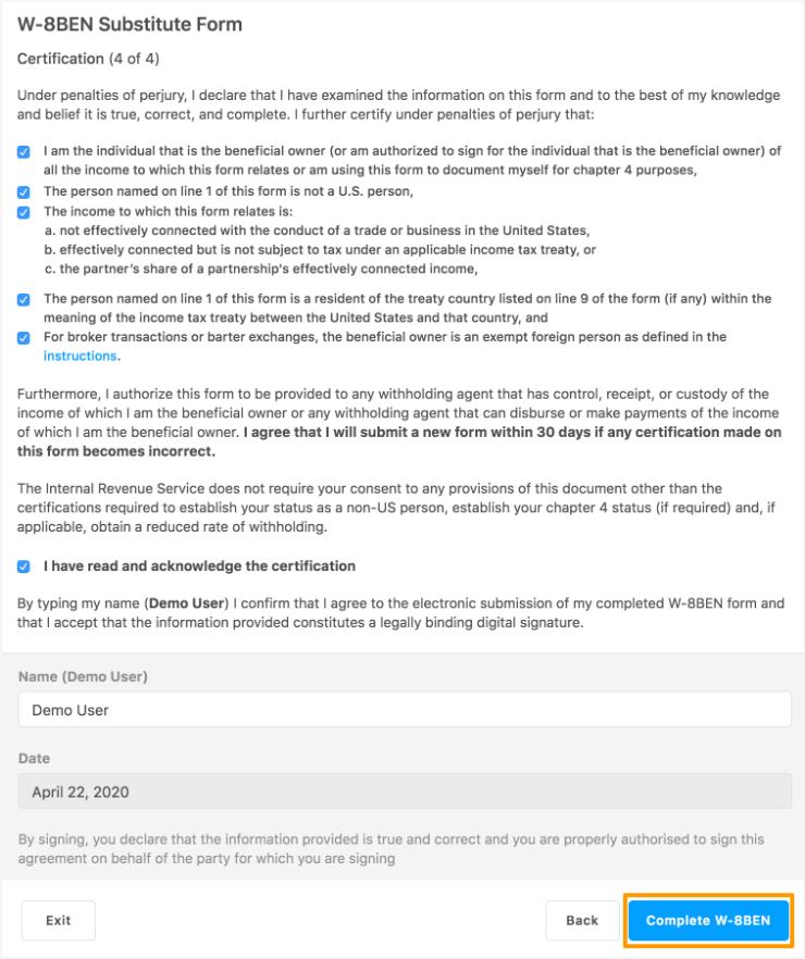 Bugcrowd的W-8BEN Substitute Form 4 of 4:Under penalties of perjury的一组声明、已阅读确认、键入姓名,底部是Complete W-8BEN按钮