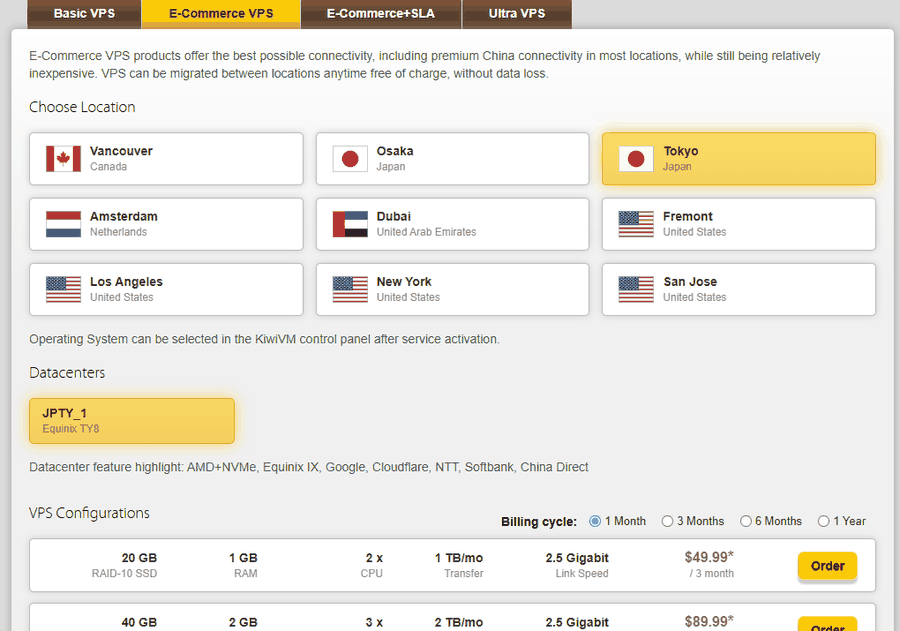 搬瓦工E-Commerce VPS东京JPTY_1下单页:机房特点写着Softbank、China Direct,1GB内存每月1TB流量49.99美元每季