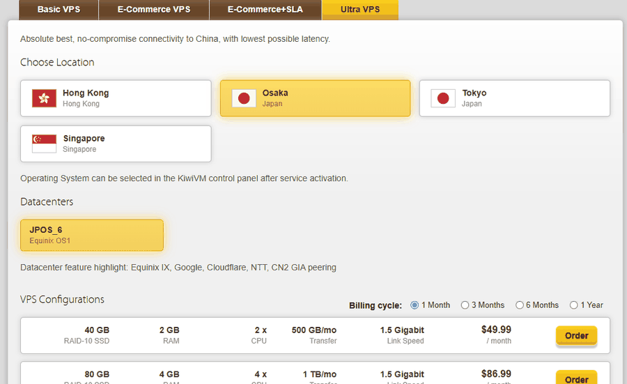 搬瓦工Ultra VPS大阪JPOS_6下单页:机房特点写着CN2 GIA peering,2核2GB每月500GB流量49.99美元每月