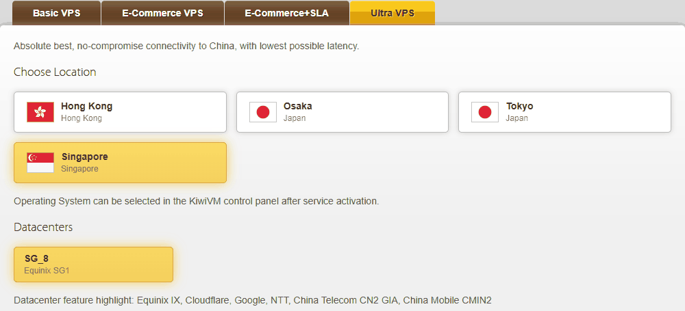 搬瓦工Ultra VPS下单页:可选香港、大阪、东京、新加坡,新加坡机房SG_8在Equinix SG1,网络写着China Telecom CN2 GIA和China Mobile CMIN2