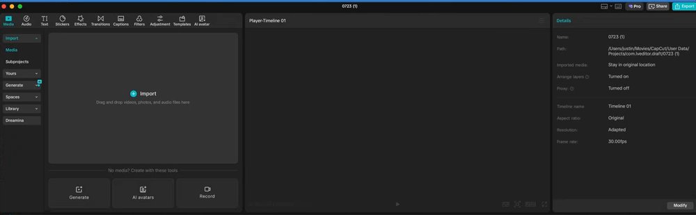 CapCut电脑版空项目编辑界面:顶部功能标签、导入区和右上角Pro、Share、Export按钮