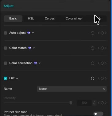 CapCut调整面板里Auto adjust、Color match、Color correction旁的紫色钻石标