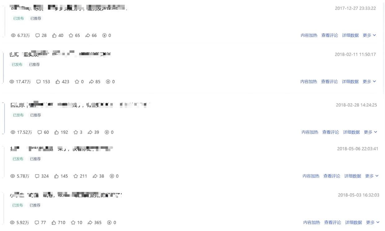 百家号作品列表：2017年12月到2018年5月的几篇文章，阅读量分别是6.73万、17.47万、17.52万、5.78万、5.92万，标题已打码